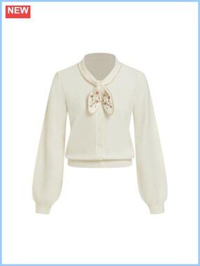 Cropped Knit Cardigan Embroidered Bow Tie Neck Lightweight Sweater